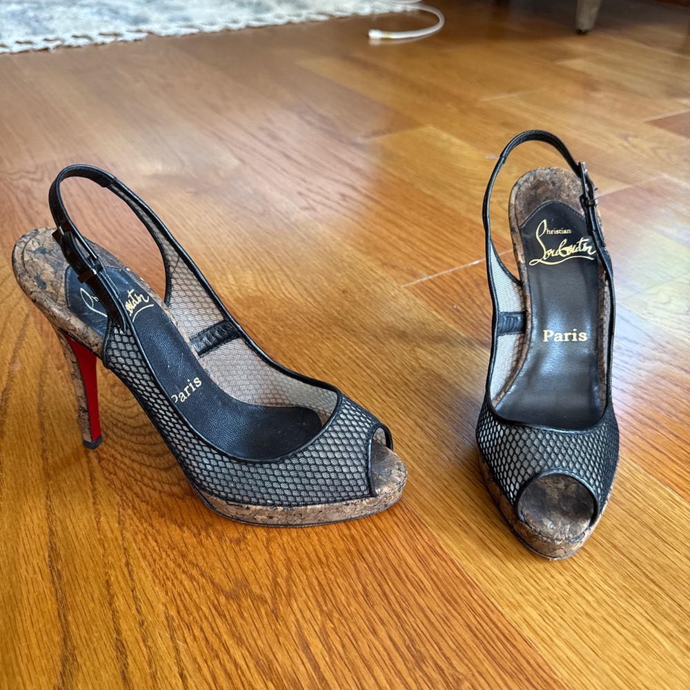 Vintage Christian Louboutin Black Mesh Slingback Peep-Toe Pumps with Cork Bottom
